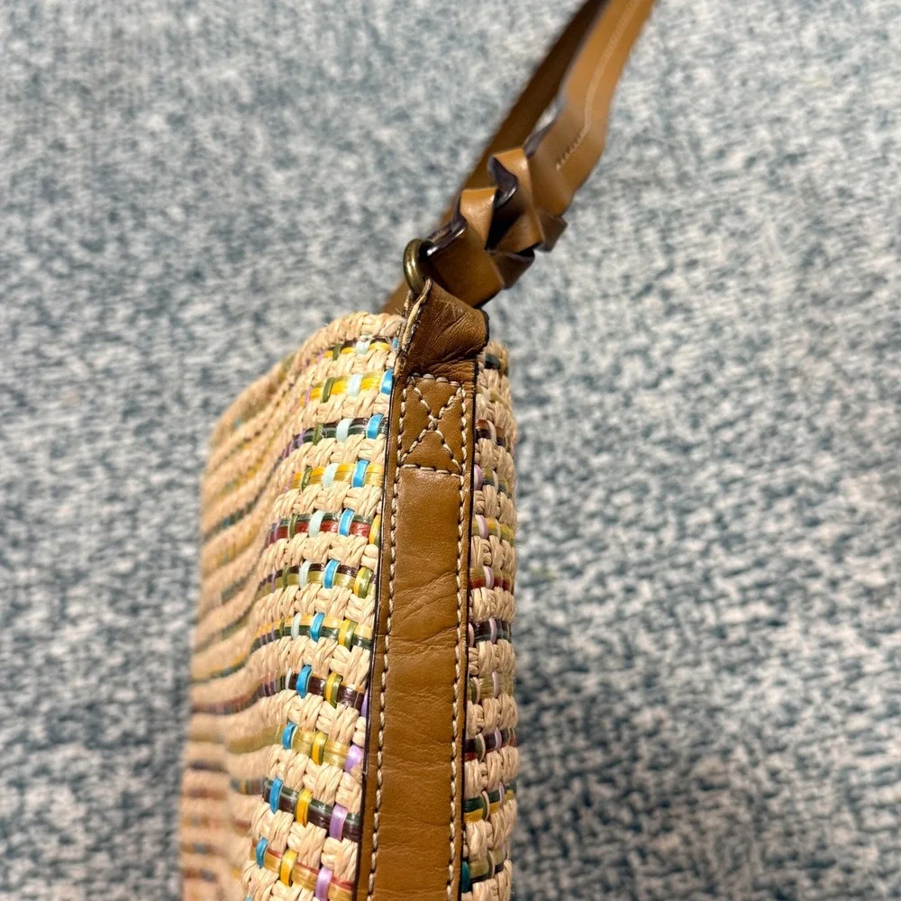 Fossil Multi-Color Woven Straw Leather Trim Shoulder Bag Tan Plaid Handbag